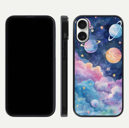 Cosmic Planet Dreams Glass Case for iPhone 17 dual-view layout displaying galaxy colors and curved finish