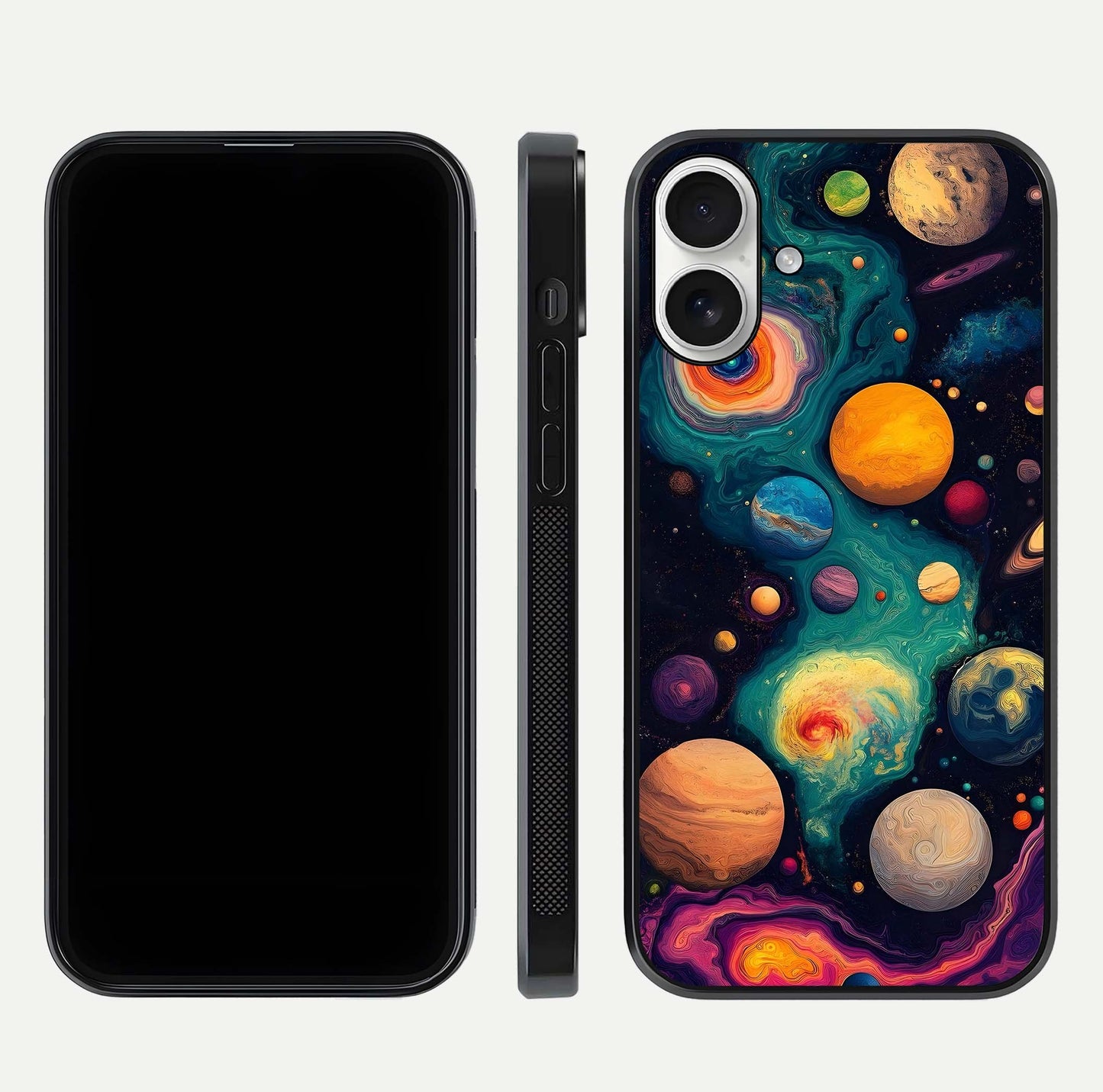 Cosmic Planet Journey Glass Case for iPhone 17 dual-view layout displaying colorful cosmic balance