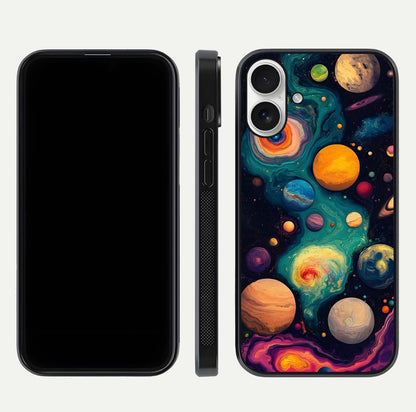 Cosmic Planet Journey Glass Case for iPhone 17 dual-view layout displaying colorful cosmic balance