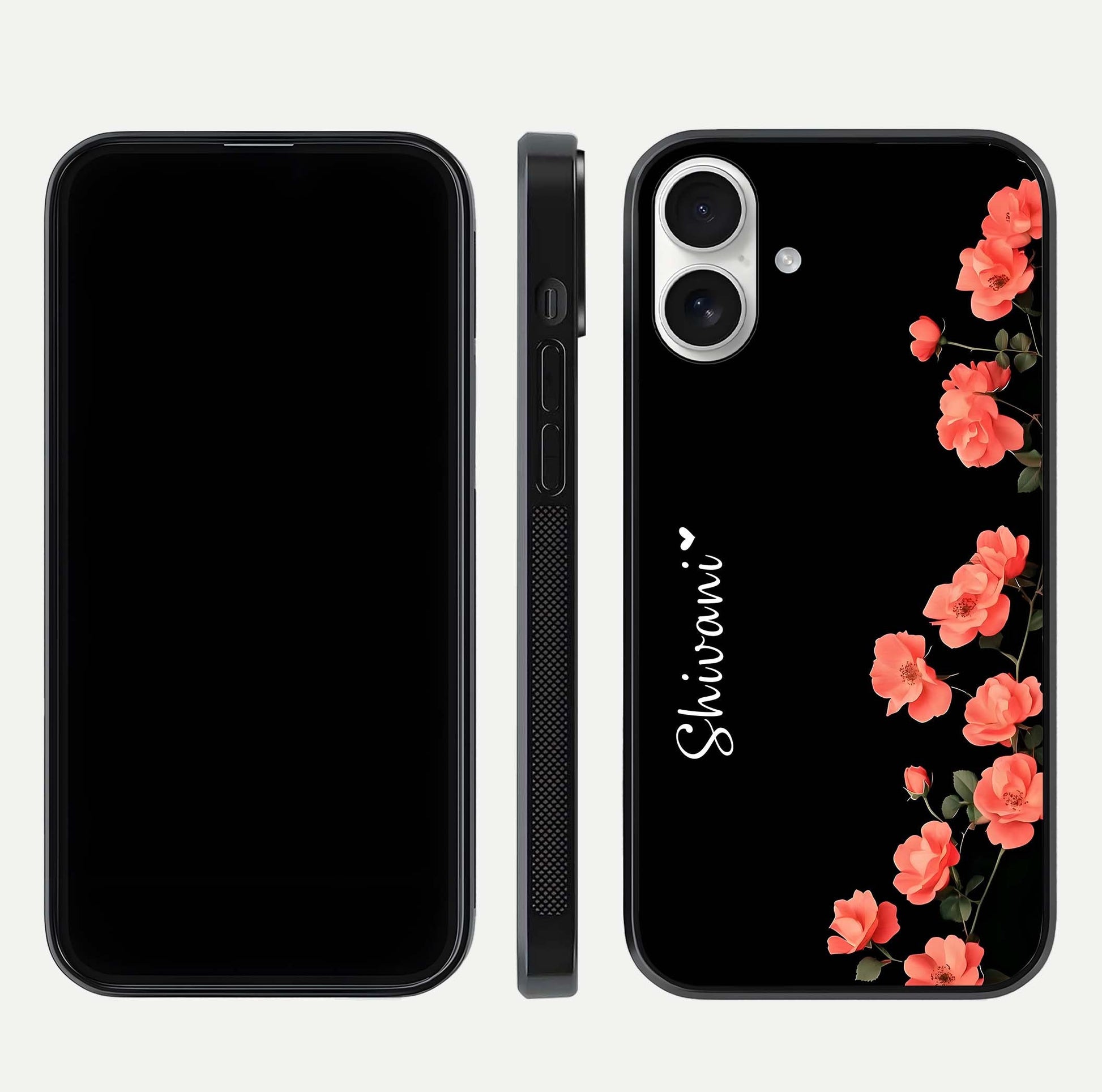 Crimson Bloom Grace Custom Name Glass Case for iPhone 17 dual-view layout displaying custom text and smooth curved edges