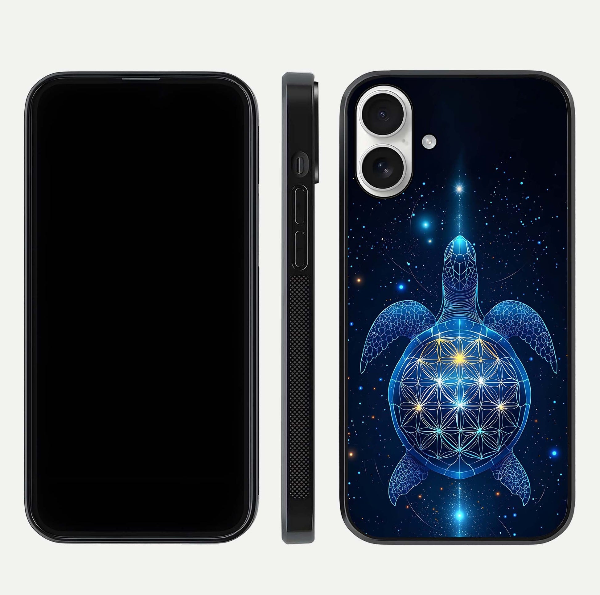 Crimson Blue Turtle Glass Case for iPhone 17 dual-view layout displaying ocean tones and HD finish