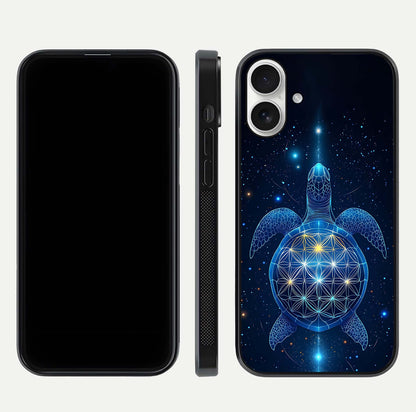 Crimson Blue Turtle Glass Case for iPhone 17 dual-view layout displaying ocean tones and HD finish