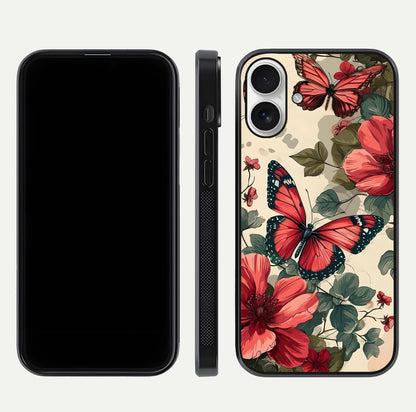 Crimson Butterfly Garden Glass Case for iPhone 17 dual-view layout displaying floral patterns and edge finish
