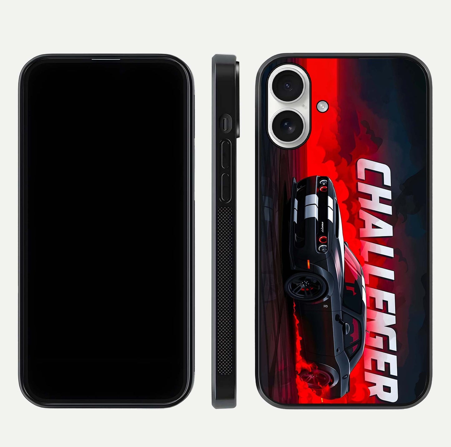 Crimson Challenger Fury Glass Case for iPhone 17 dual-view layout displaying bold tones and edge polish