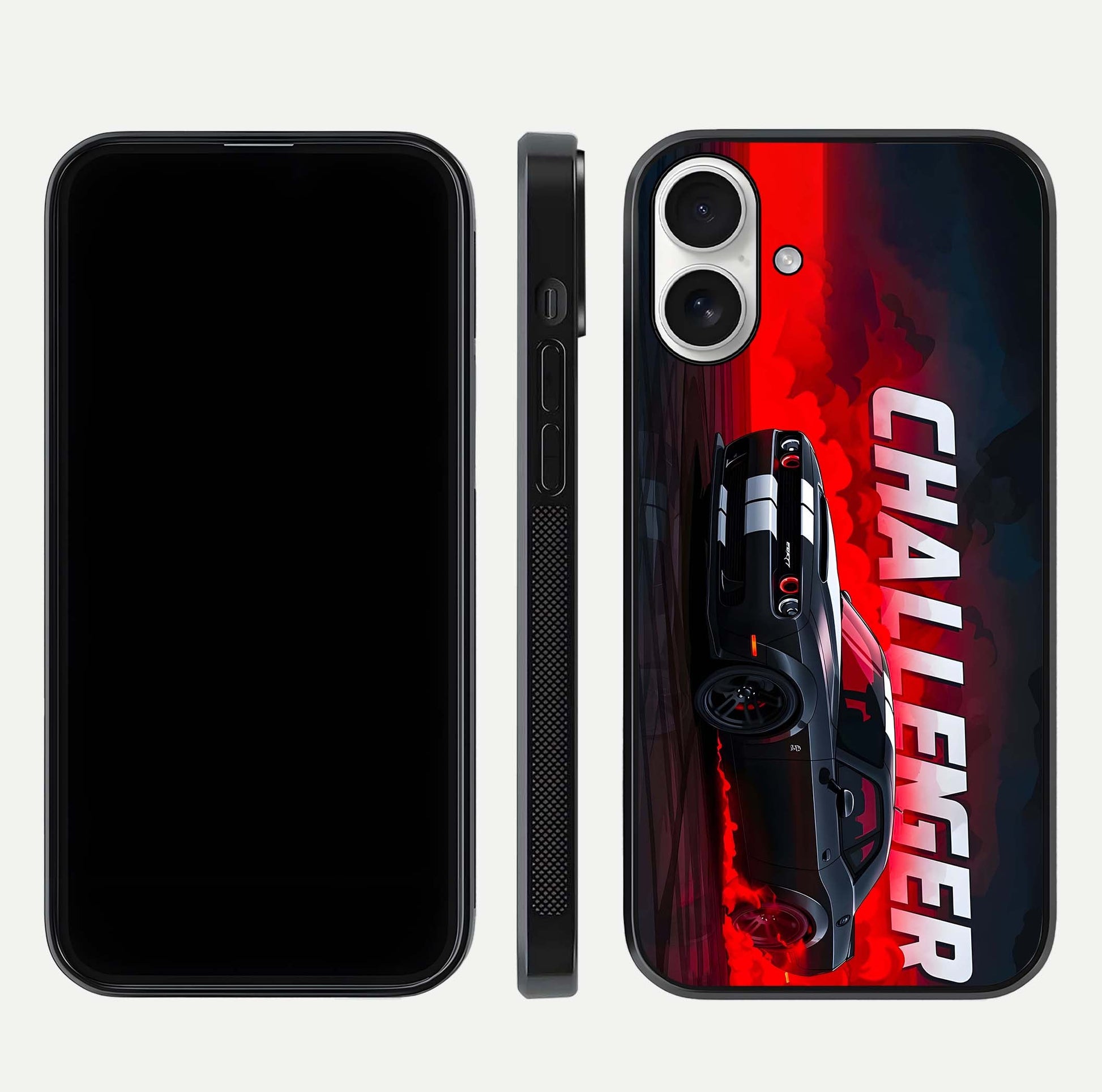 Crimson Challenger Fury Glass Case for iPhone 17 dual-view layout displaying bold tones and edge polish