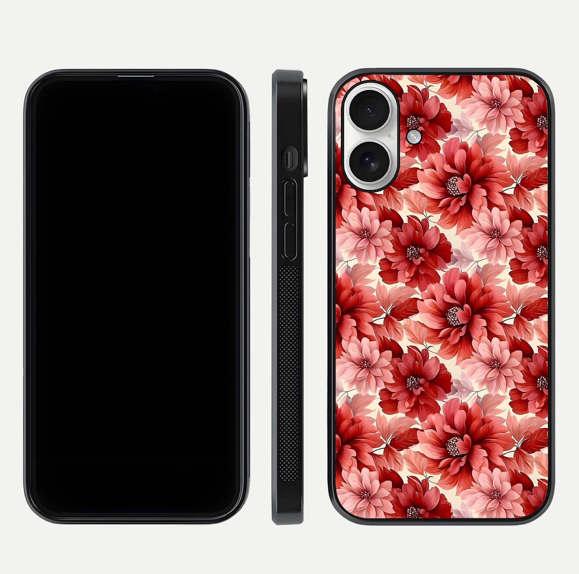 Crimson Love Petals Glass Case for iPhone 17 dual-view layout displaying floral charm and curved glass