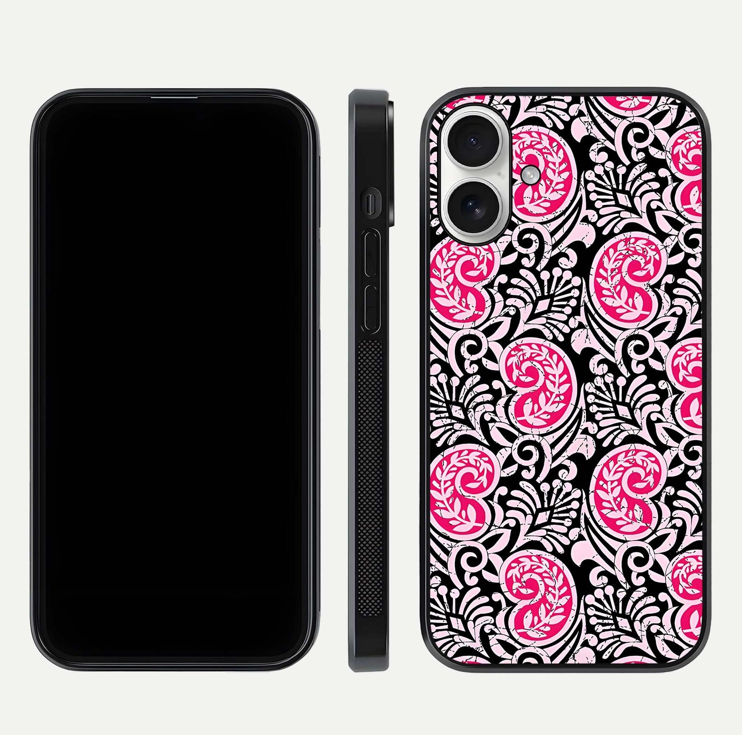 Crimson Paisley Charm Glass Case for iPhone 17 dual-view layout displaying HD print and curved polish