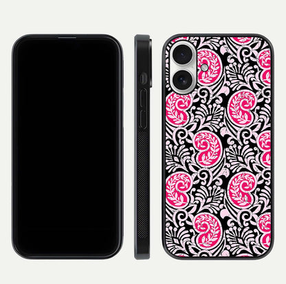 Crimson Paisley Charm Glass Case for iPhone 17 dual-view layout displaying HD print and curved polish
