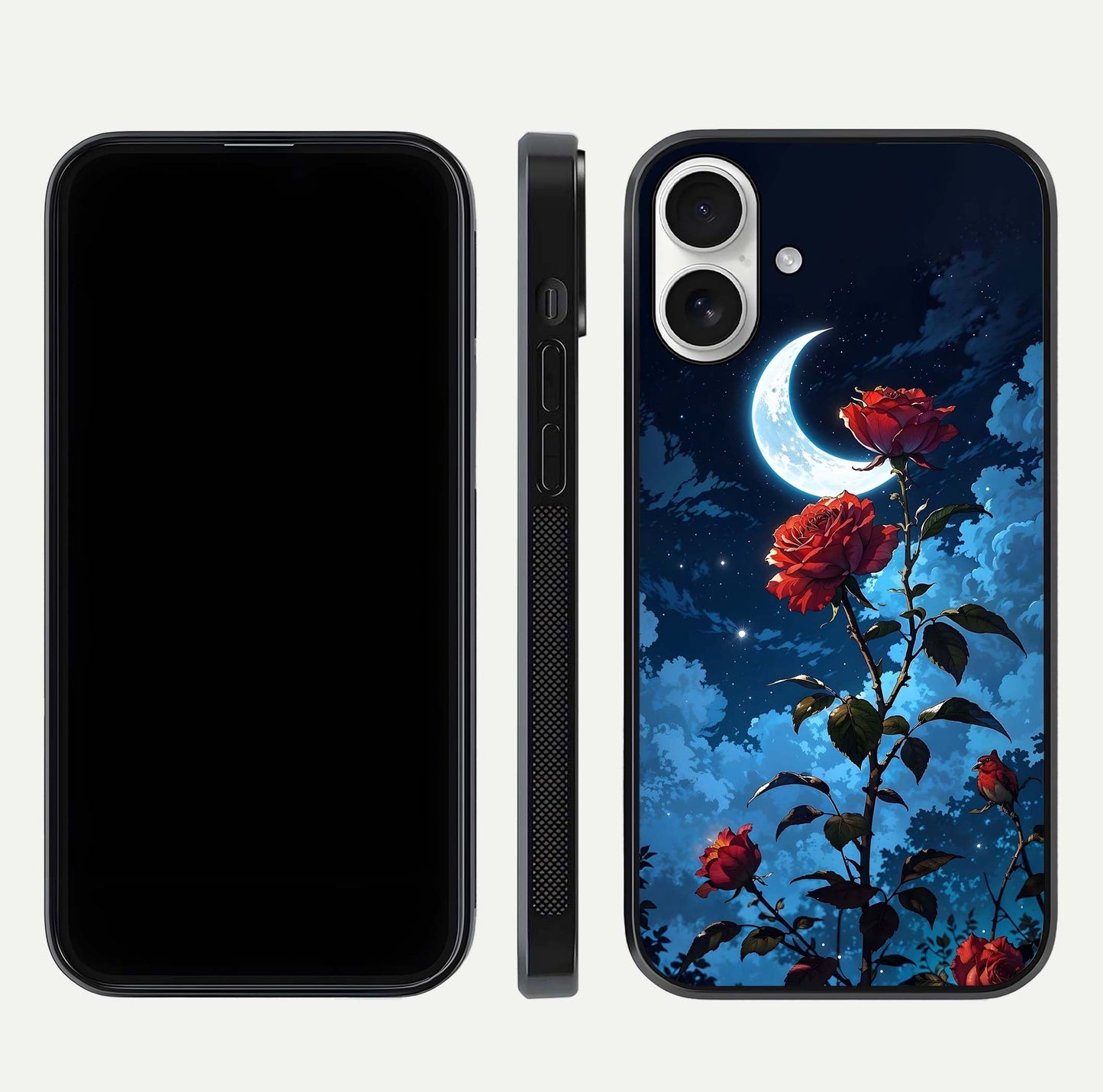 Crimson Rose Moon Glass Case for iPhone 17 dual-view layout displaying red tones and soft gloss