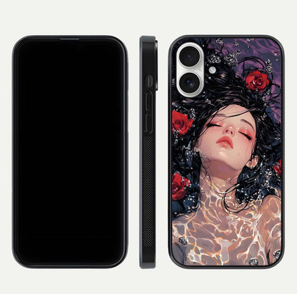 Crimson Rose Serenity Glass Case for iPhone 17 dual-view layout displaying serenity tones and curved glass