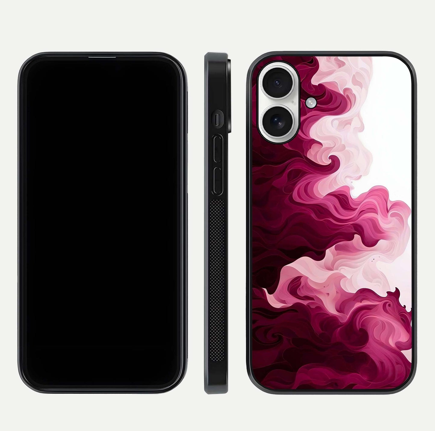 Crimson Wave Flow Glass Case for iPhone 17 dual-view layout displaying curved wave art and polished surface