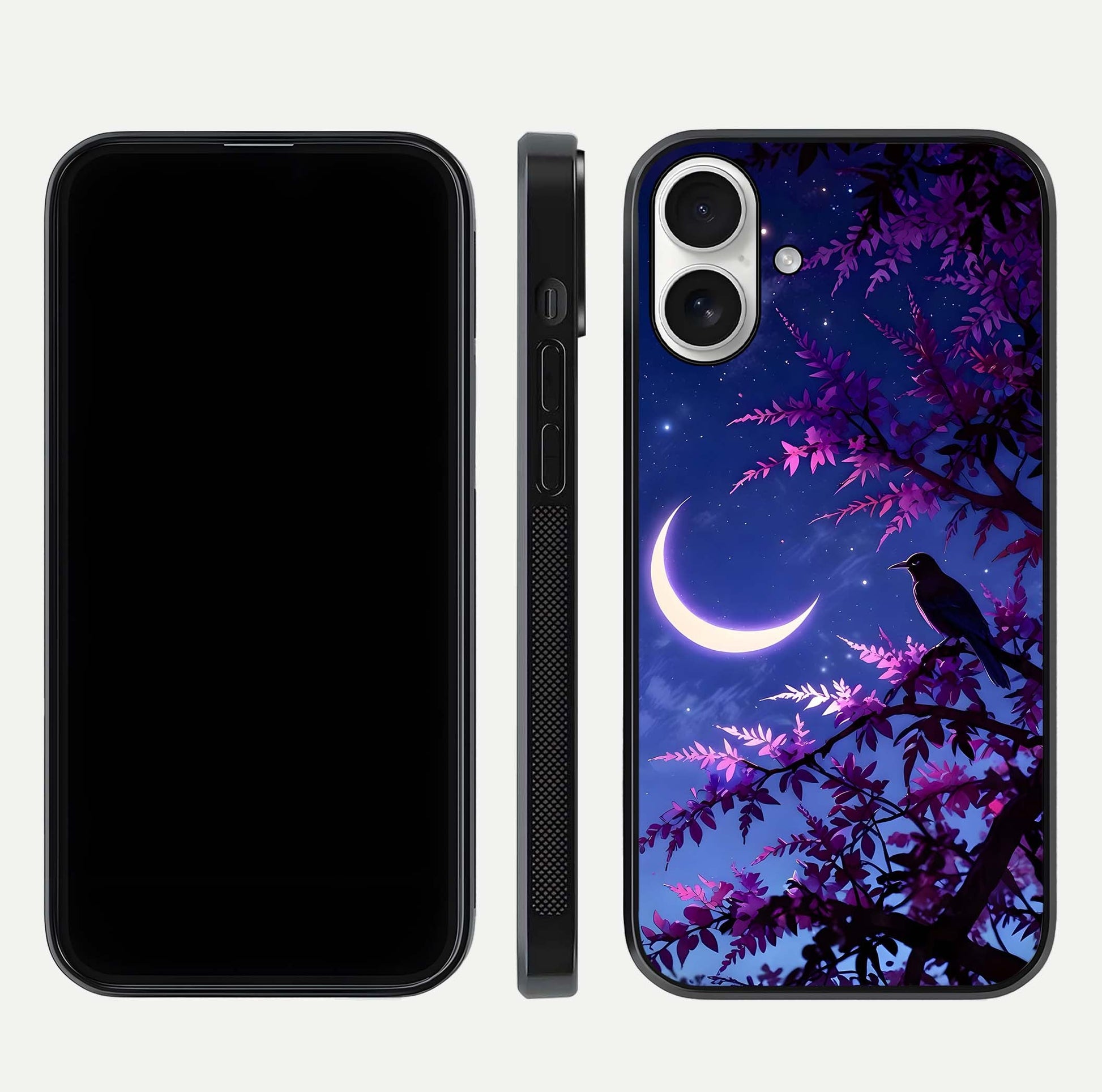 Crow & Moon Scenery Glass Case for iPhone 17 dual-view layout displaying night sky art and curved glass edges