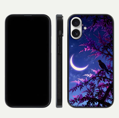 Crow & Moon Scenery Glass Case for iPhone 17 dual-view layout displaying night sky art and curved glass edges