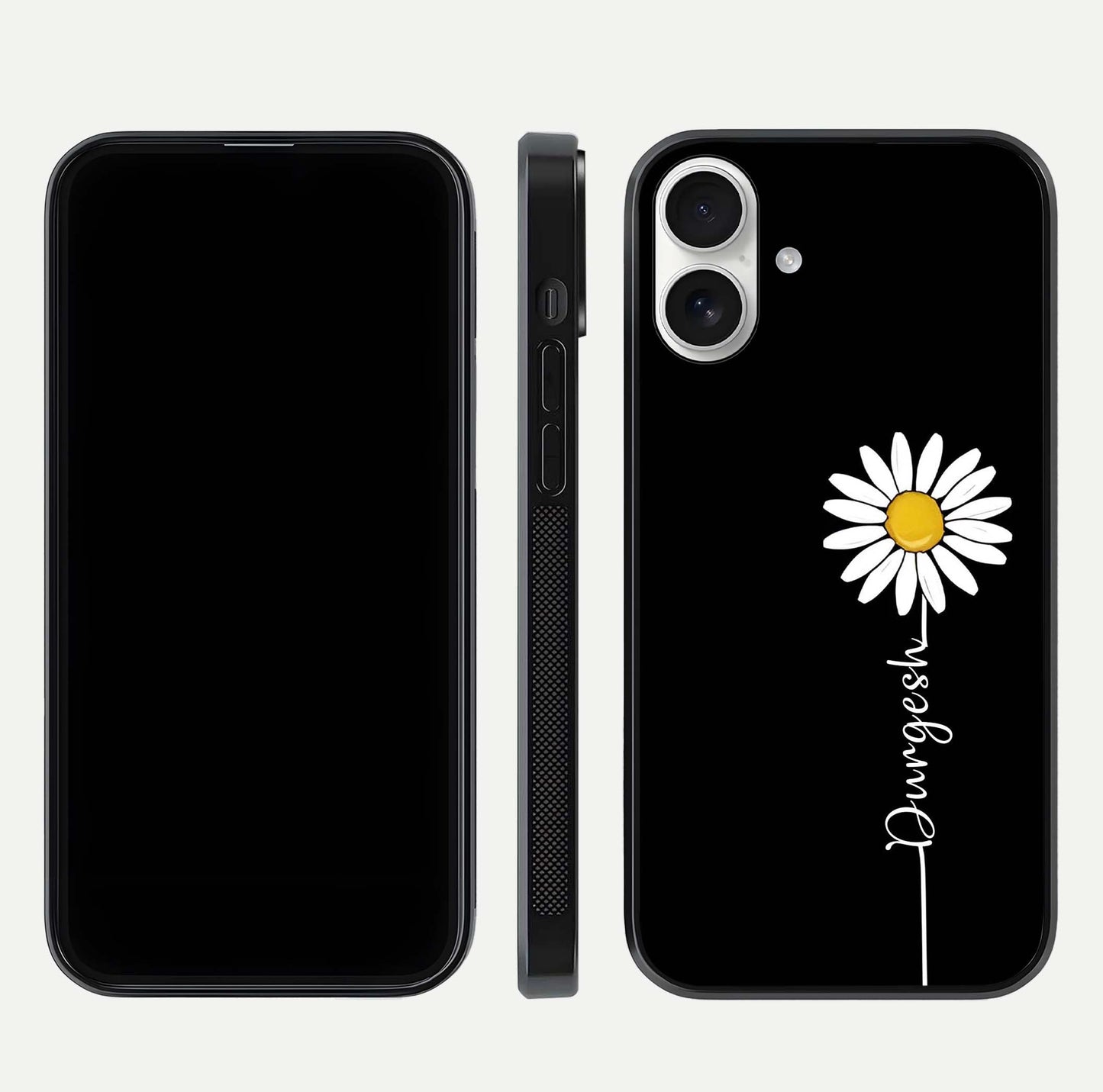 Custom Name White Flower Glass Case for iPhone 17 dual-view layout showing elegant floral tone and curved edge finish