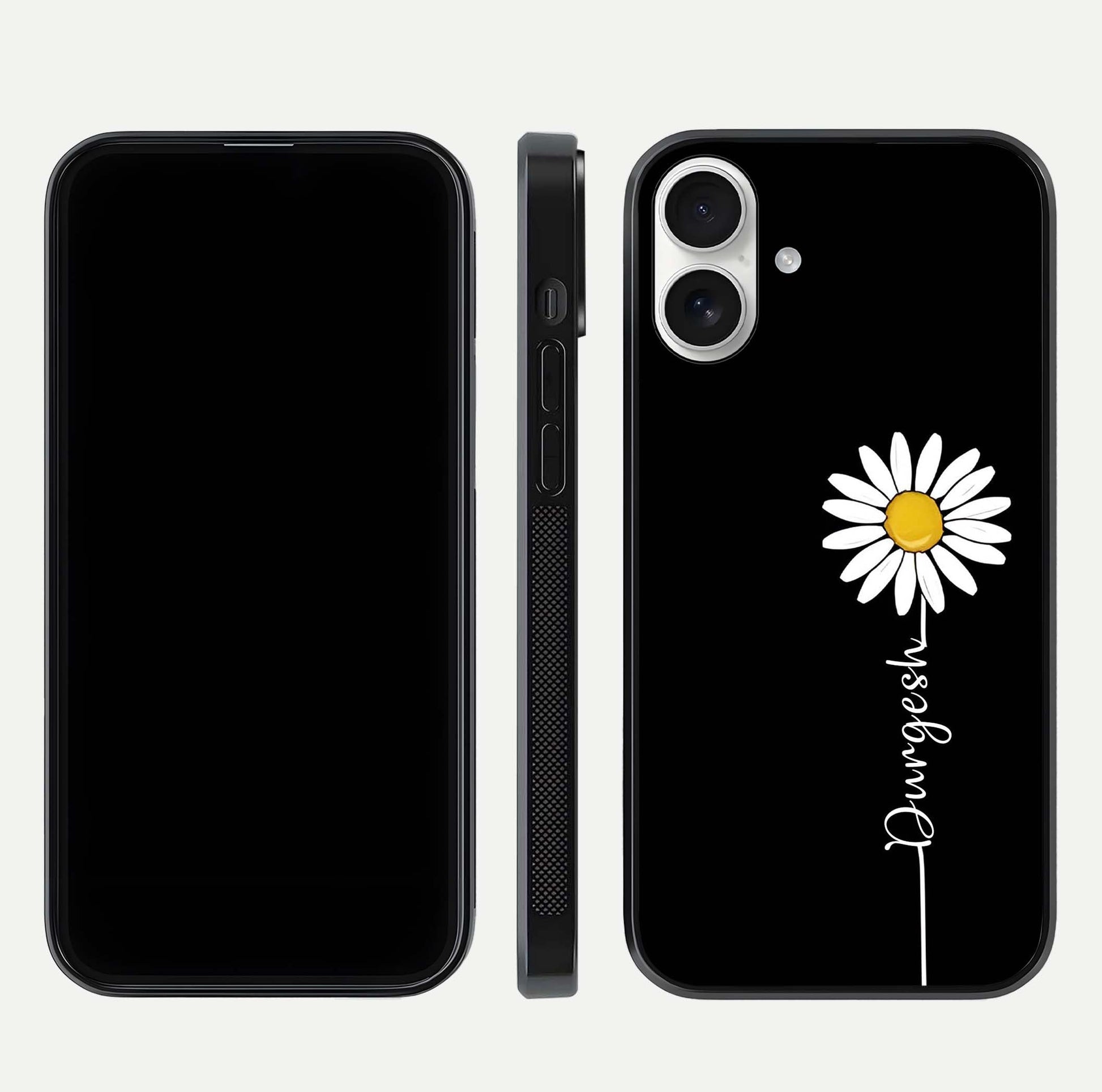 Custom Name White Flower Glass Case for iPhone 17 dual-view layout showing elegant floral tone and curved edge finish