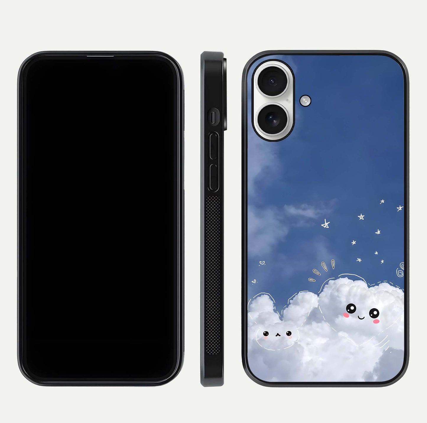 Cute Blossom Cloud Glass Case for iPhone 17 dual-view layout displaying cute floral clouds and polished edge