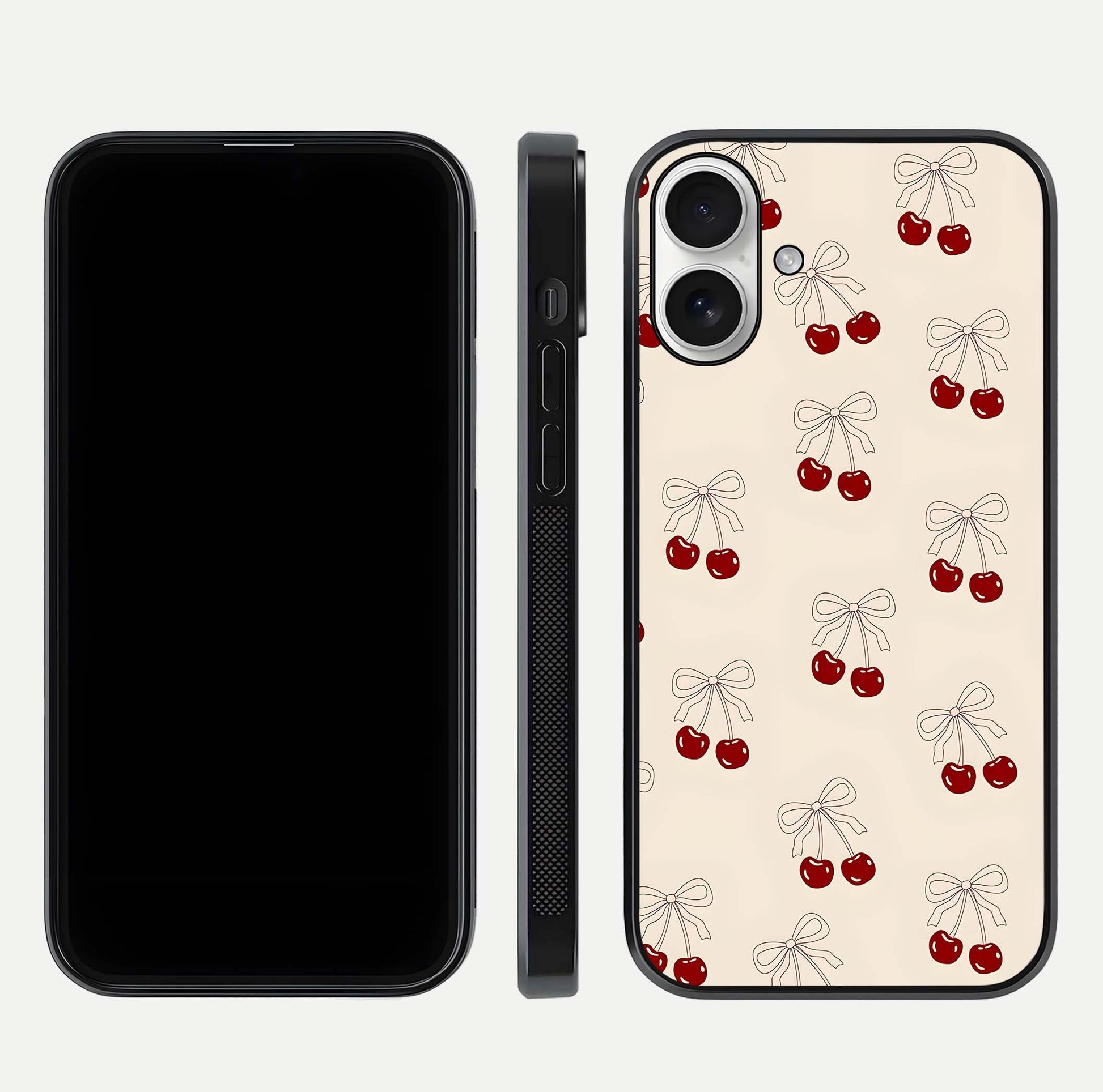Cute Cherry Pattern Glass Case for iPhone 17 dual-view layout displaying aesthetic fruit print and smooth edges