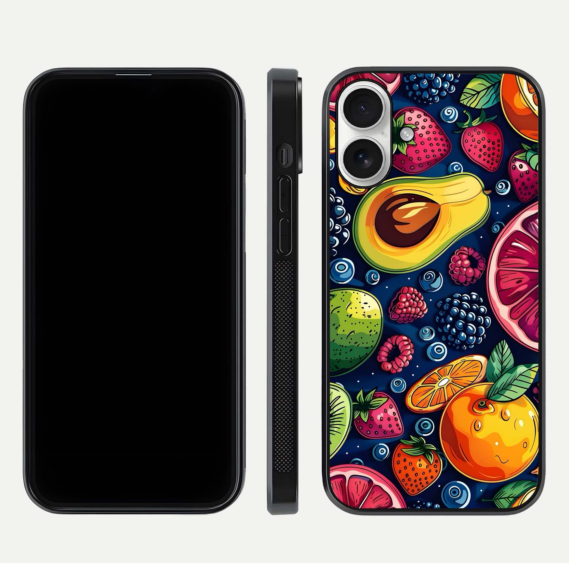 Cute Fruits Art Glass Case for iPhone 17 dual-view layout displaying playful tones and curved design