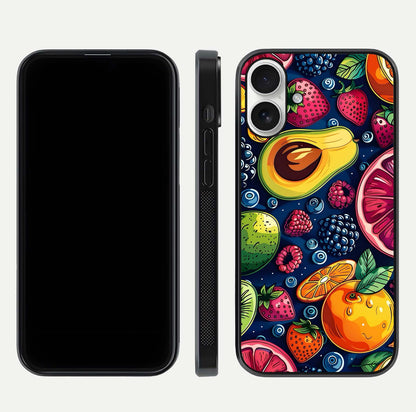 Cute Fruits Art Glass Case for iPhone 17 dual-view layout displaying playful tones and curved design