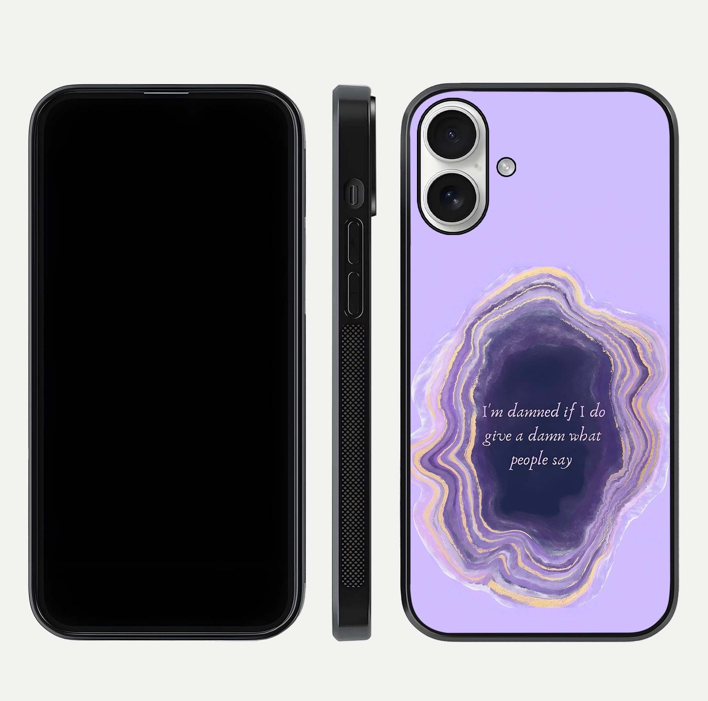 Damned People Quote Glass Case for iPhone 17 dual-view layout displaying modern print and glass clarity