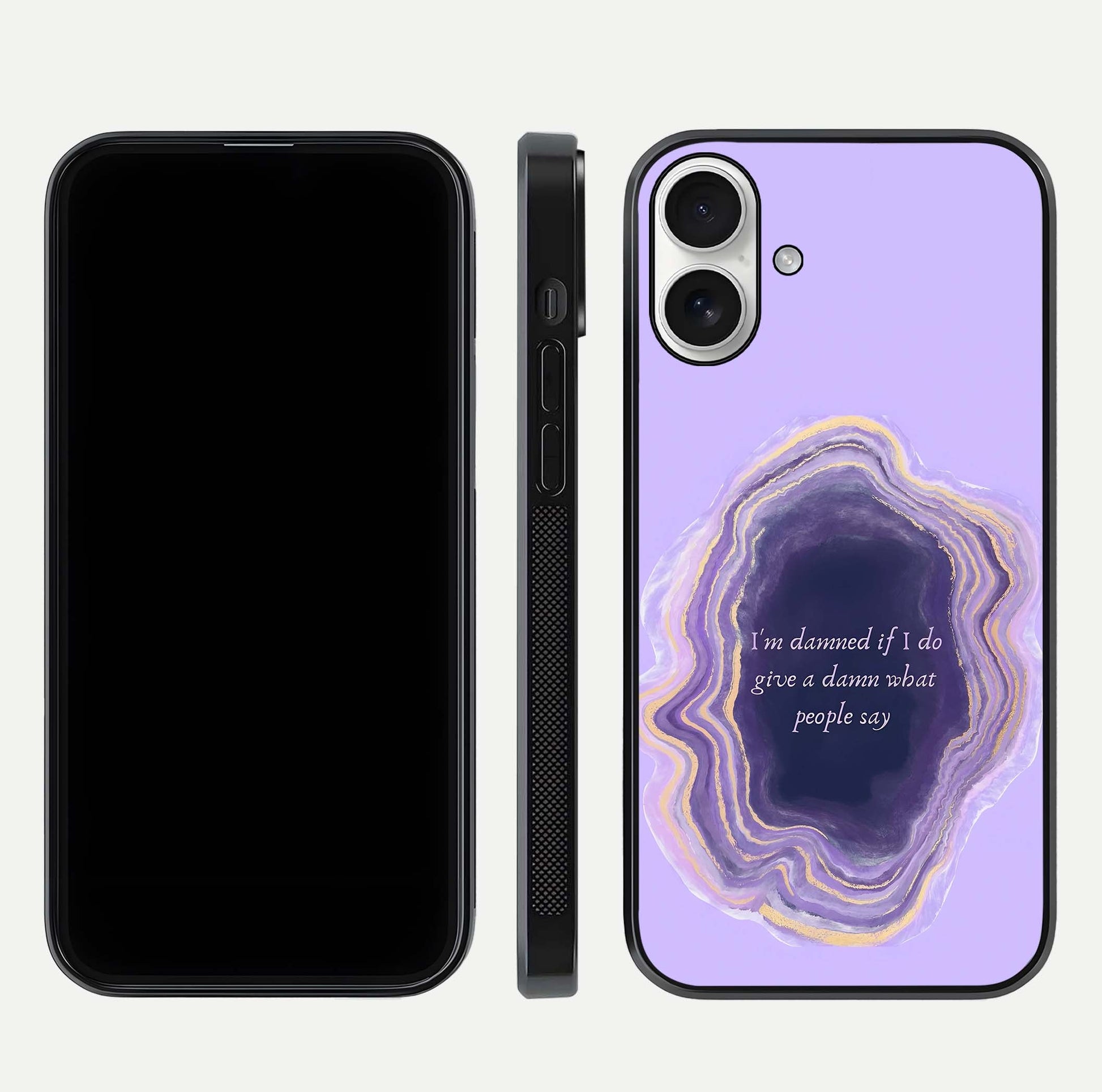 Damned People Quote Glass Case for iPhone 17 dual-view layout displaying modern print and glass clarity