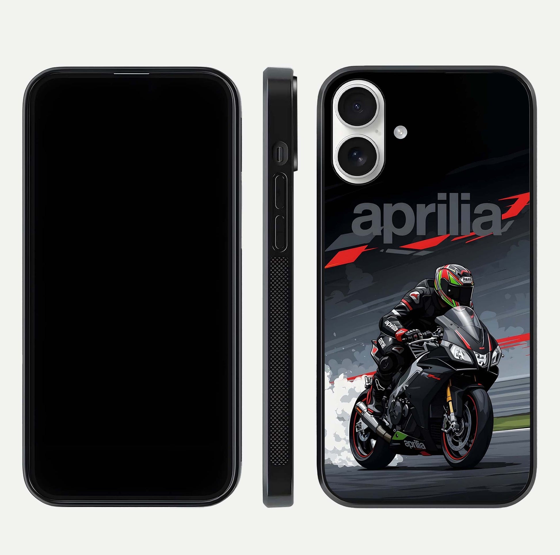 Dark Aprilla Glass Case for iPhone 17 dual-view layout displaying sleek racing look and HD shine