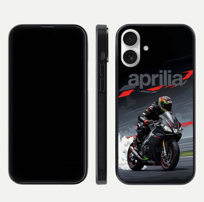 Dark Aprilla Glass Case for iPhone 17 dual-view layout displaying sleek racing look and HD shine