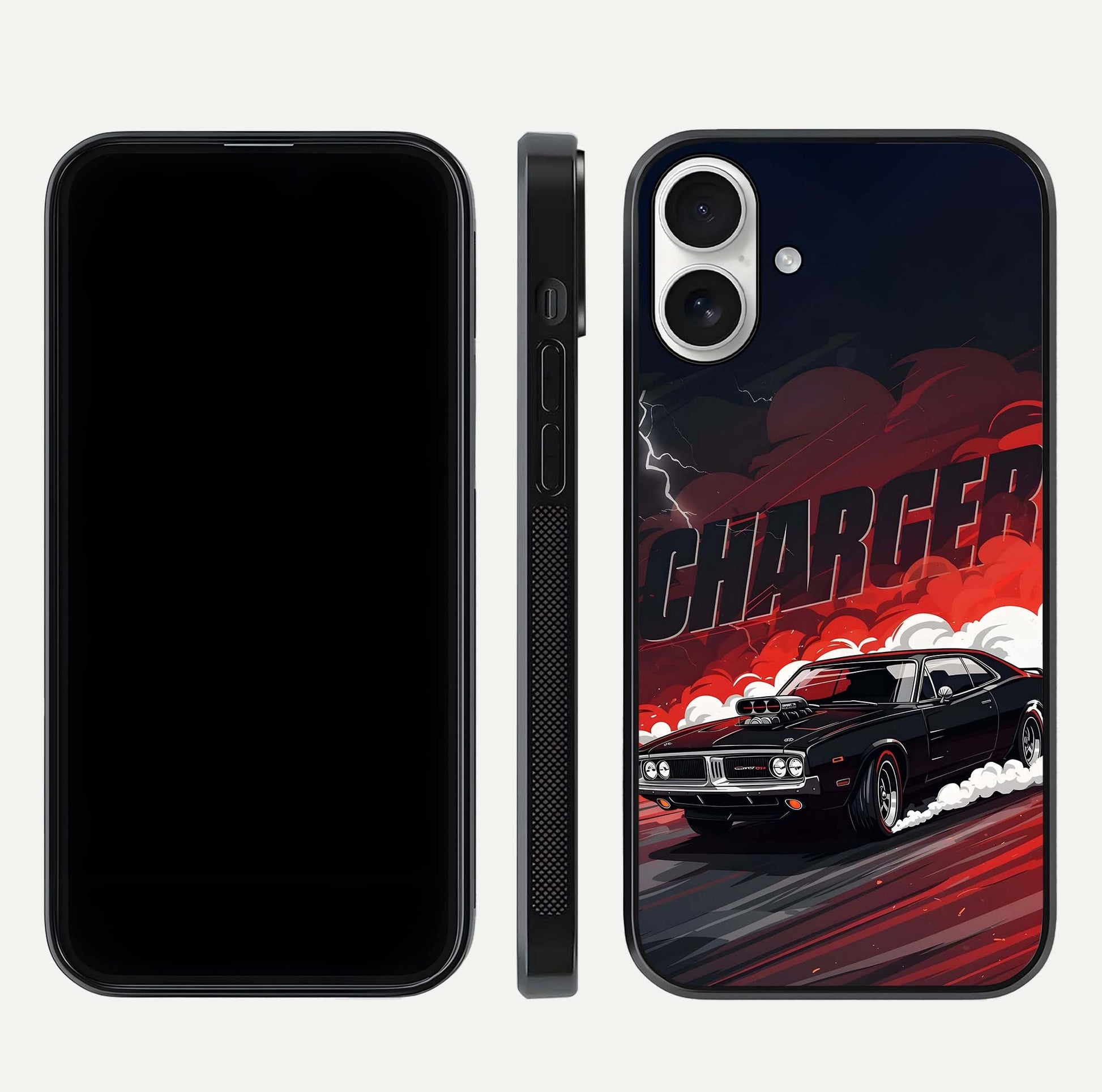Dark Charger Fury Glass Case for iPhone 17 dual-view layout displaying HD design and polished edges