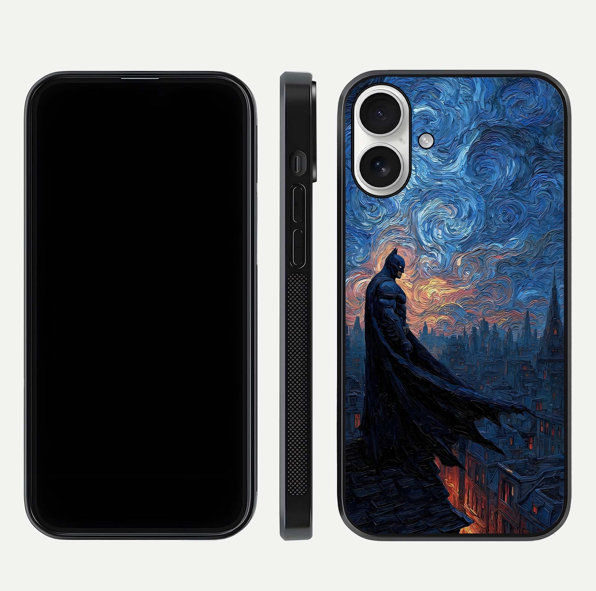 Dark Knight Dusk Glass Case for iPhone 17 dual-view layout displaying HD hero print and curved glass edges