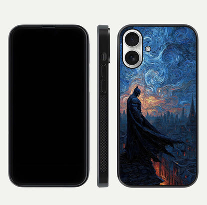 Dark Knight Dusk Glass Case for iPhone 17 dual-view layout displaying HD hero print and curved glass edges