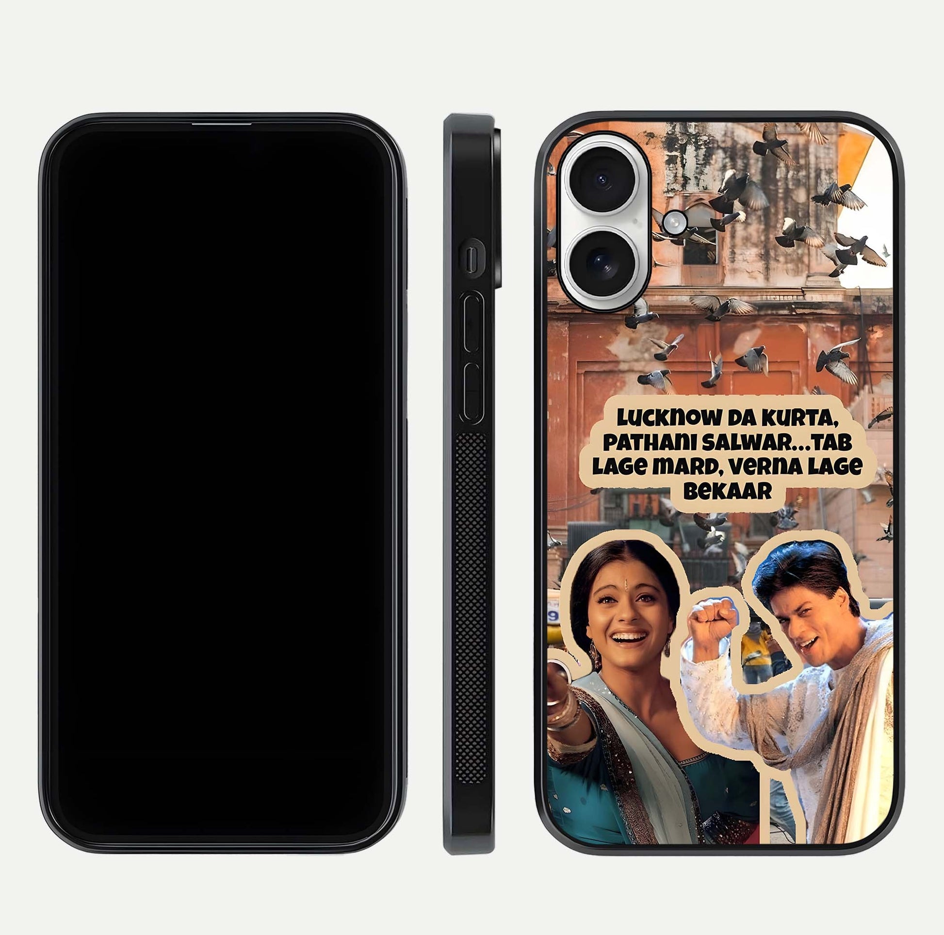 Desi Retro Vibes Glass Case for iPhone 17 dual-view layout showing nostalgic design and smooth glass curve