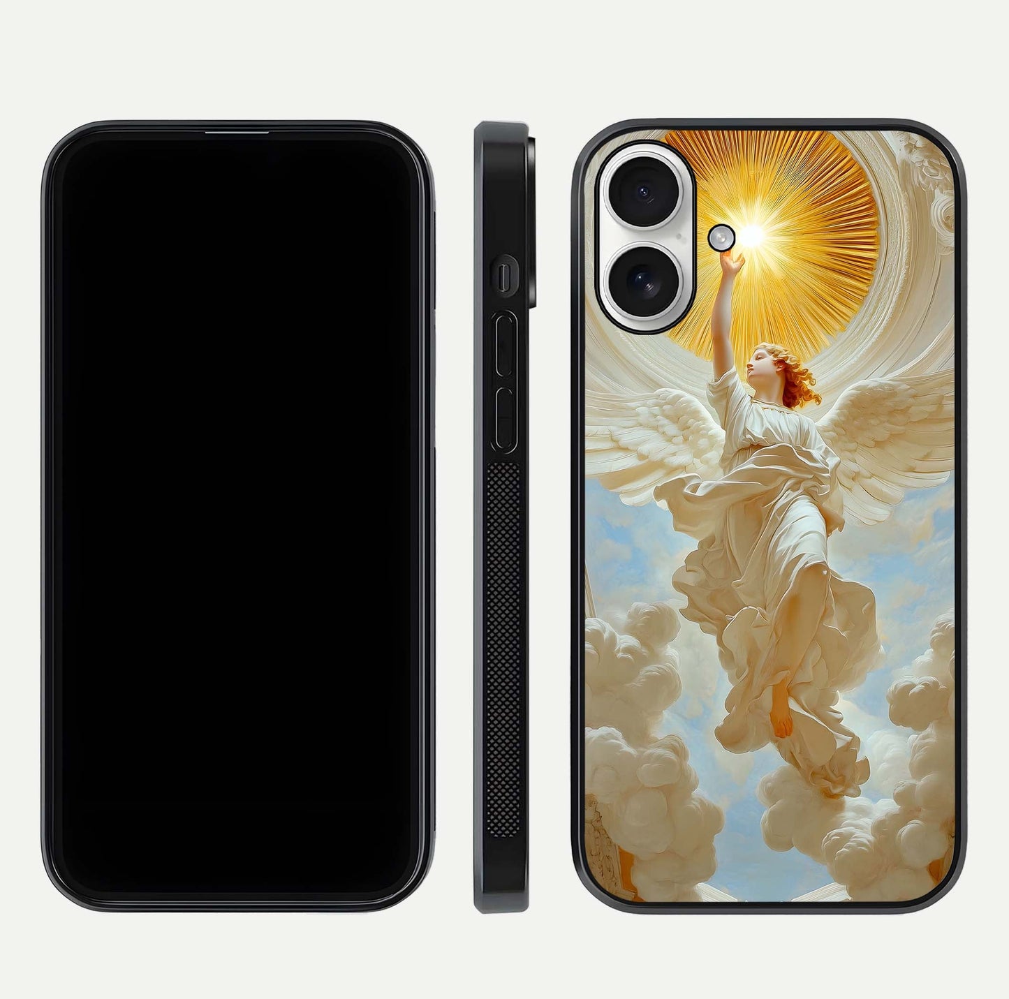 Divine Light Angel Glass Case for iPhone 17 dual-view layout displaying celestial tones and smooth curves