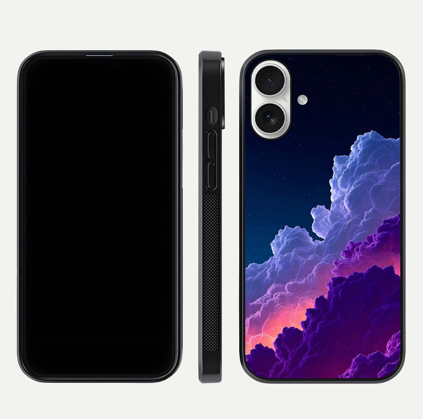 Dreamy Cloud Skies Glass Case for iPhone 17 dual-view layout displaying calm sky art and smooth curve