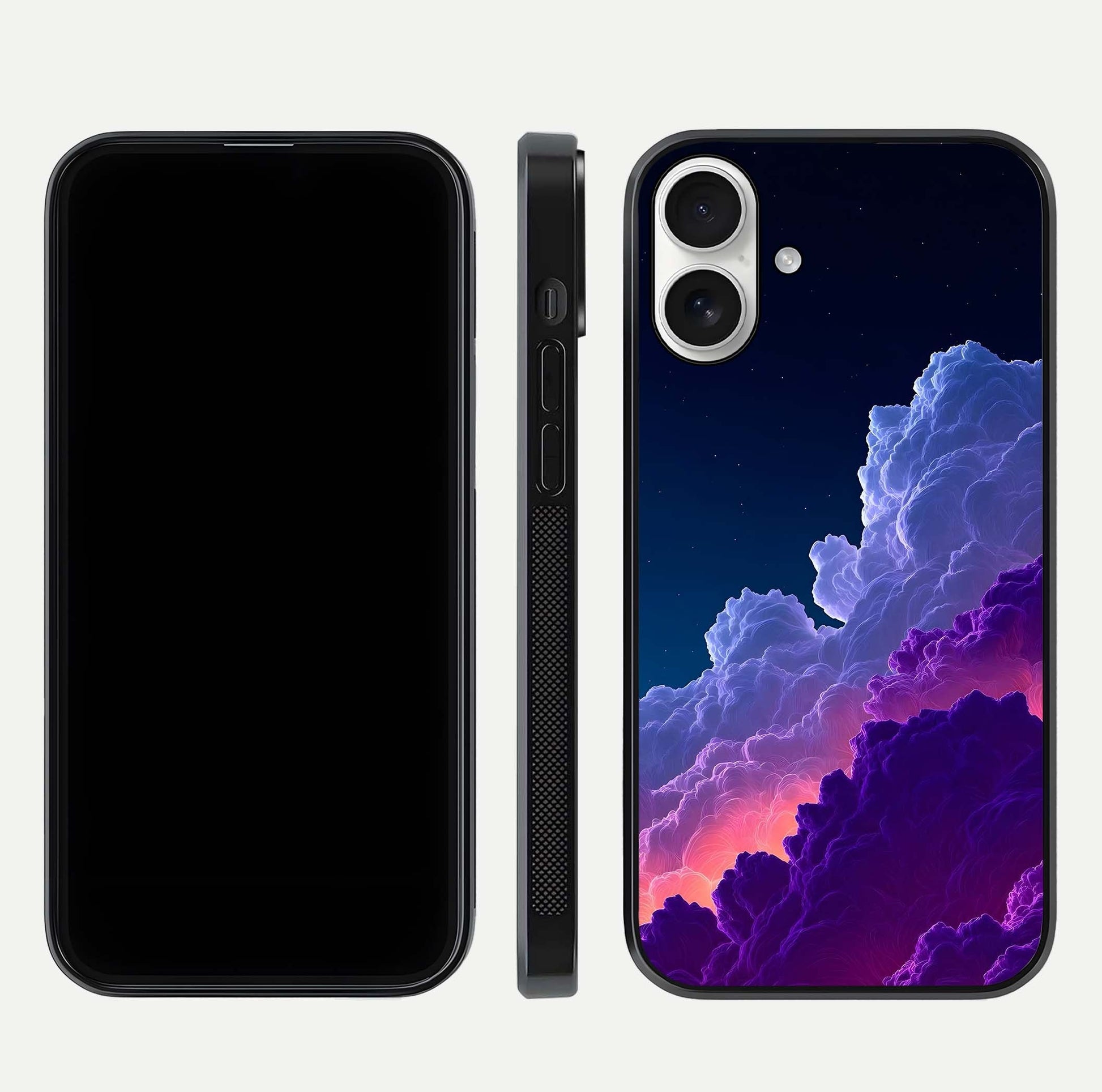 Dreamy Cloud Skies Glass Case for iPhone 17 dual-view layout displaying calm sky art and smooth curve