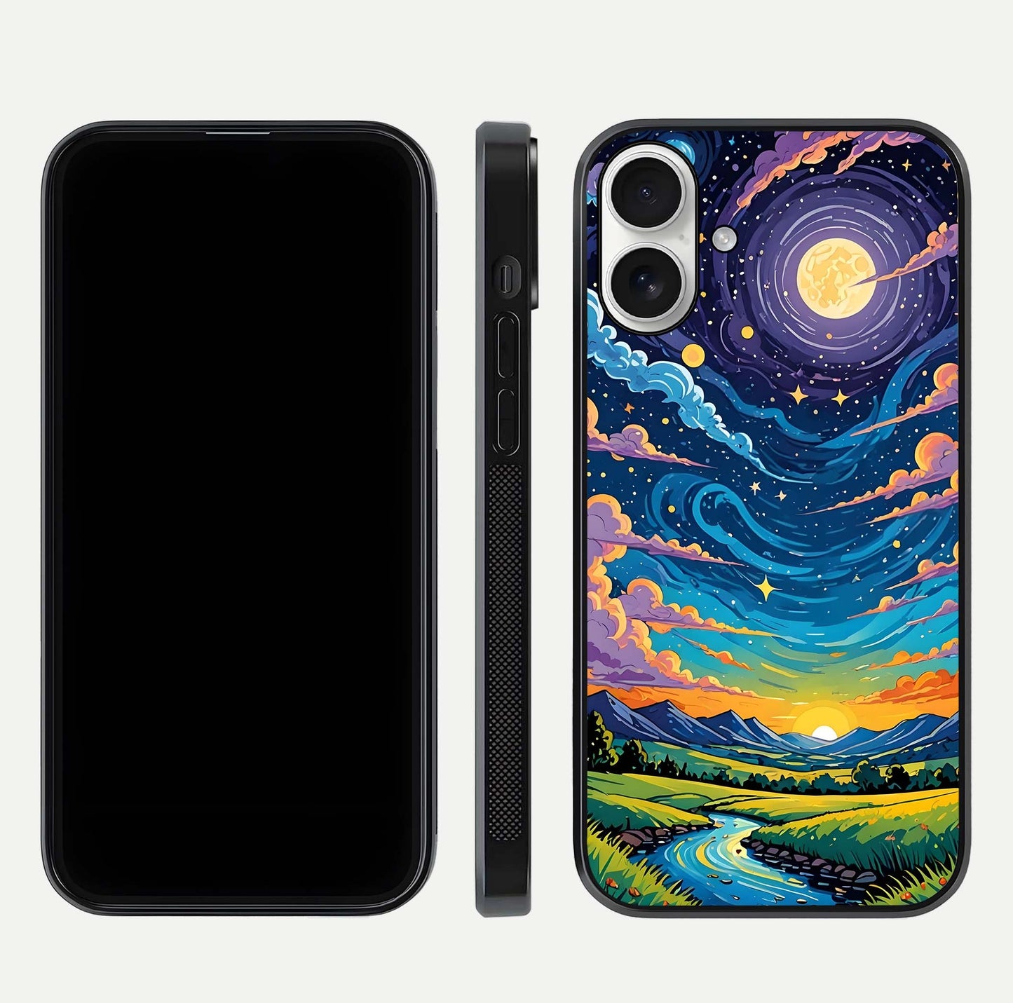 Dreamy Night Landscape Glass Case for iPhone 17 dual-view layout displaying HD print and curved glass edges