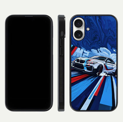 Drift Power Rush Glass Case for iPhone 17 dual-view layout displaying dynamic motion art and HD gloss