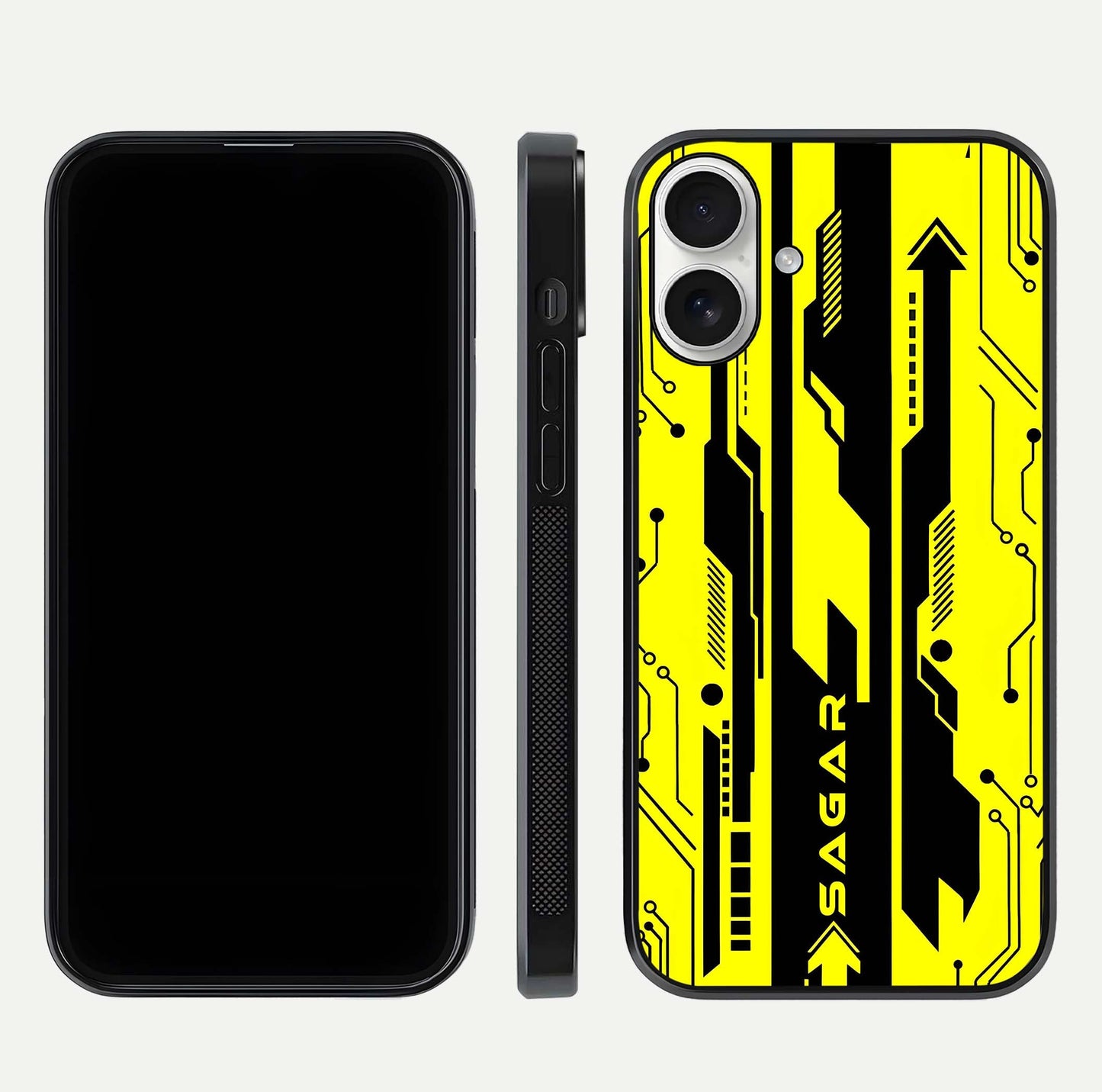 Electric Pulse CYBERPUNK Custom Name Glass Case for iPhone 17 dual-view layout displaying futuristic hues and curved glass edges