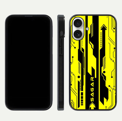 Electric Pulse CYBERPUNK Custom Name Glass Case for iPhone 17 dual-view layout displaying futuristic hues and curved glass edges