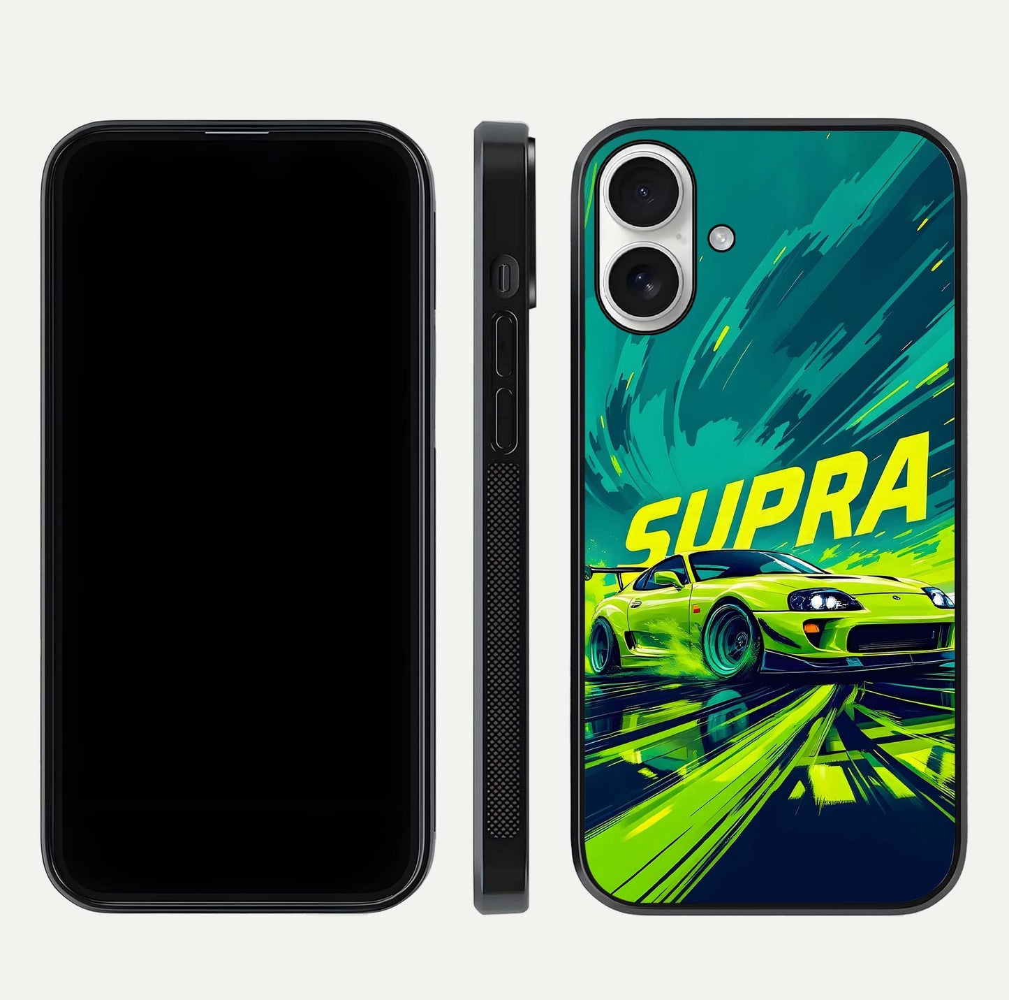 Electric Supra Thunder Glass Case for iPhone 17 dual-view layout displaying dynamic motion art and curved finish