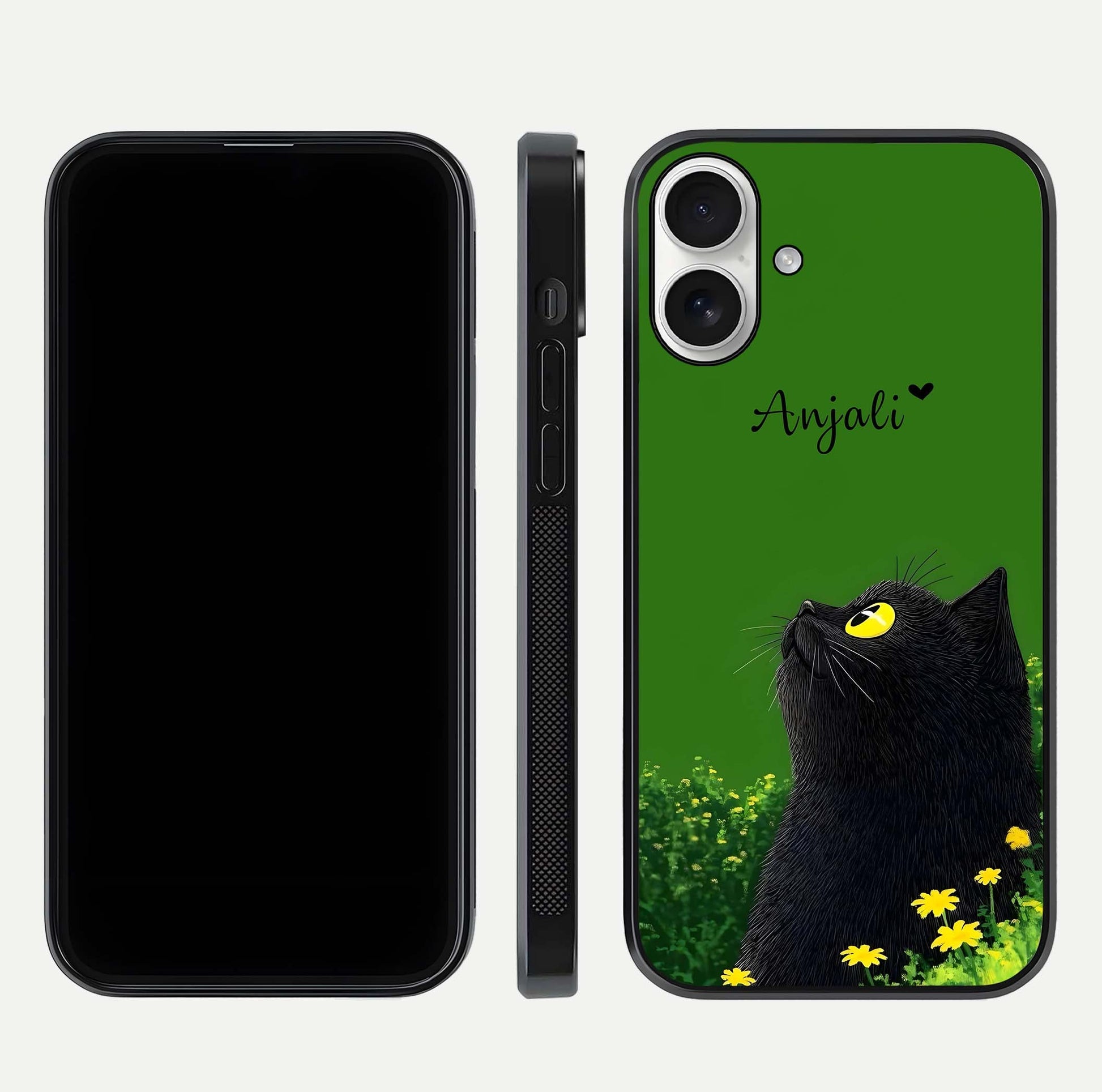 Emerald Cat Custom Name Glass Case for iPhone 17 dual-view layout displaying artistic tones and smooth curves