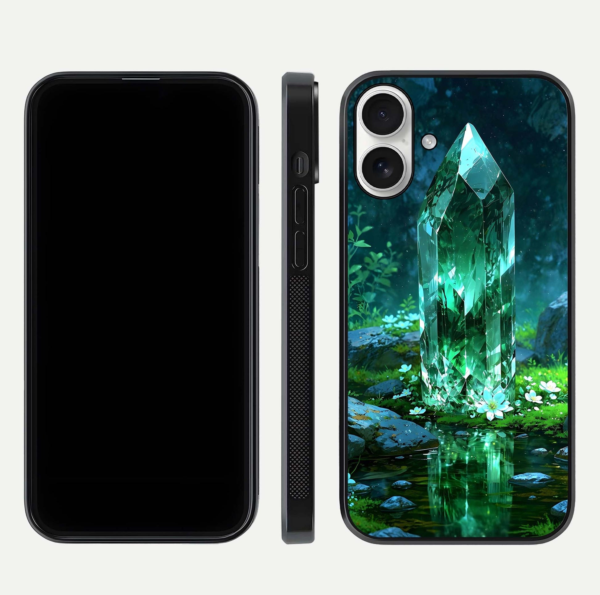 Emerald Light Crystal Glass Case for iPhone 17 dual-view layout displaying gem-like tones and polished edge