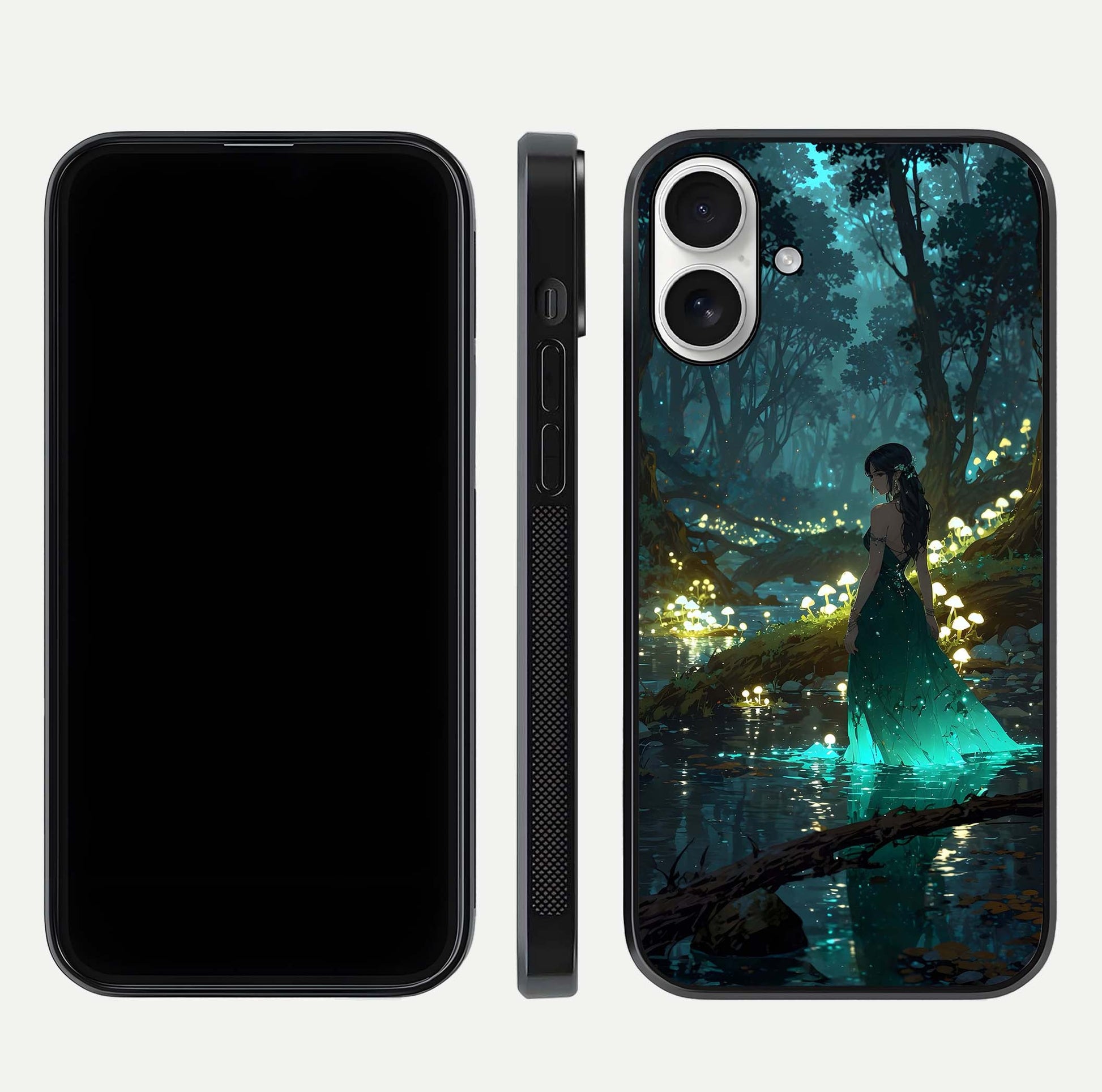 Enchanted Forest Glow Glass Case for iPhone 17 dual-view layout displaying green tones and smooth glass