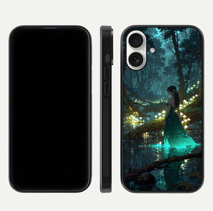 Enchanted Forest Glow Glass Case for iPhone 17 dual-view layout displaying green tones and smooth glass