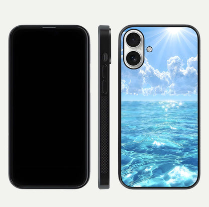 Endless Ocean Horizon Glass Case for iPhone 17 dual-view layout displaying calm seascape and curved edges