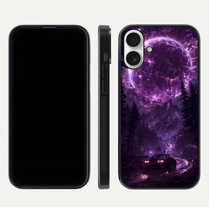Eternal Cosmic Drive Glass Case for iPhone 17 dual-view layout displaying outer-space tones and curved finish