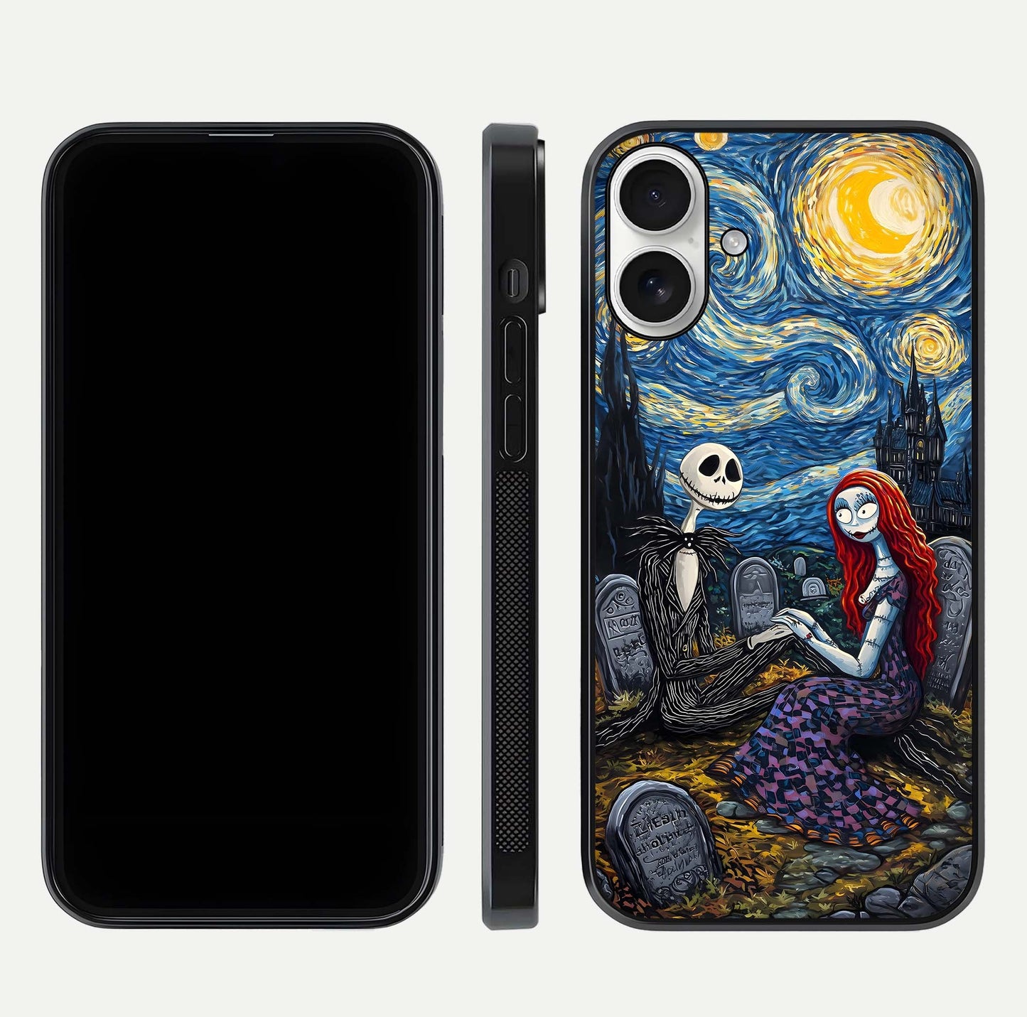 Eternal Night Love Glass Case for iPhone 17 dual-view layout displaying HD art and curved polish