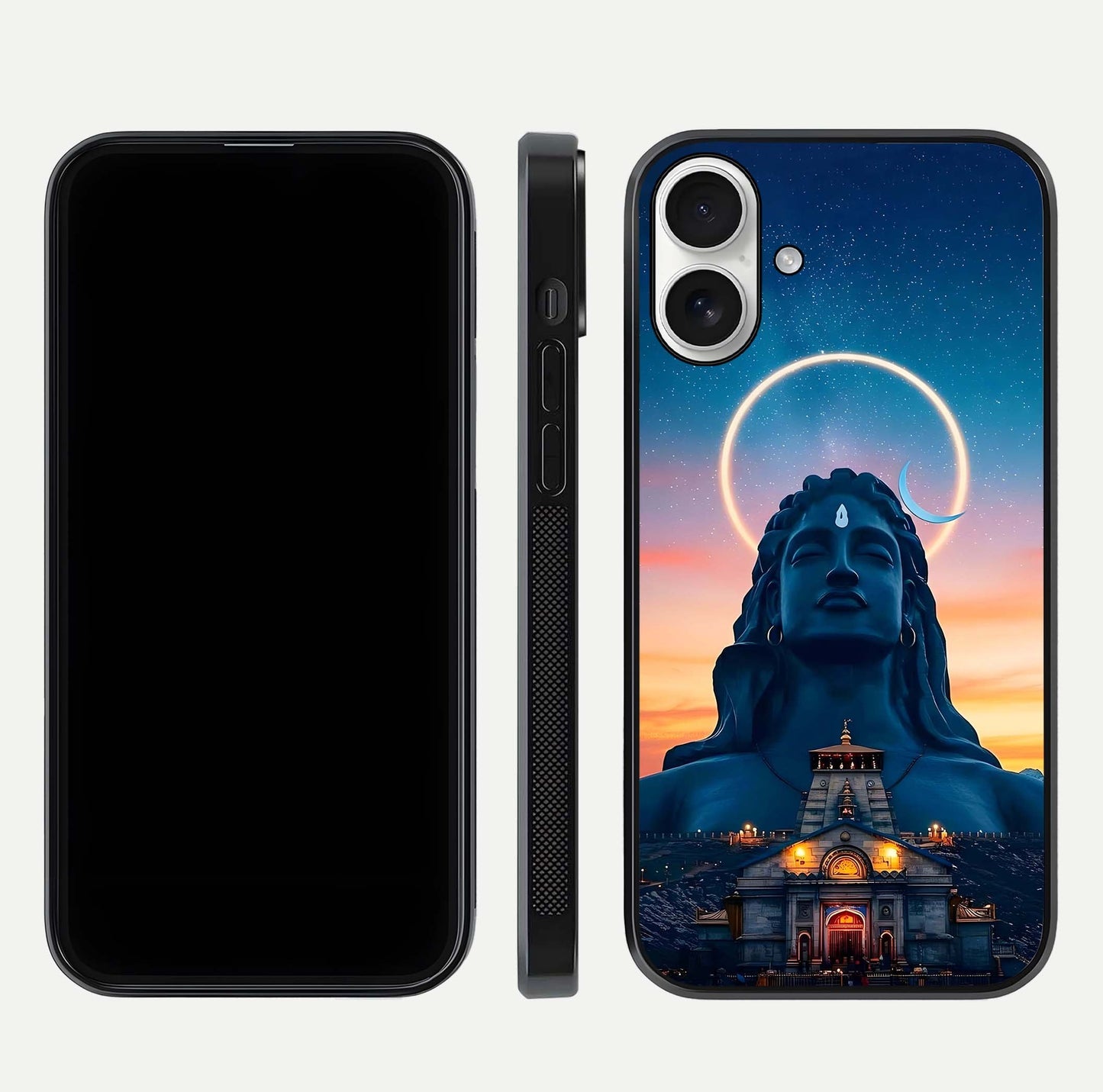 Eternal Shiva Aura Glass Case for iPhone 17 dual-view layout displaying HD deity print and smooth edge