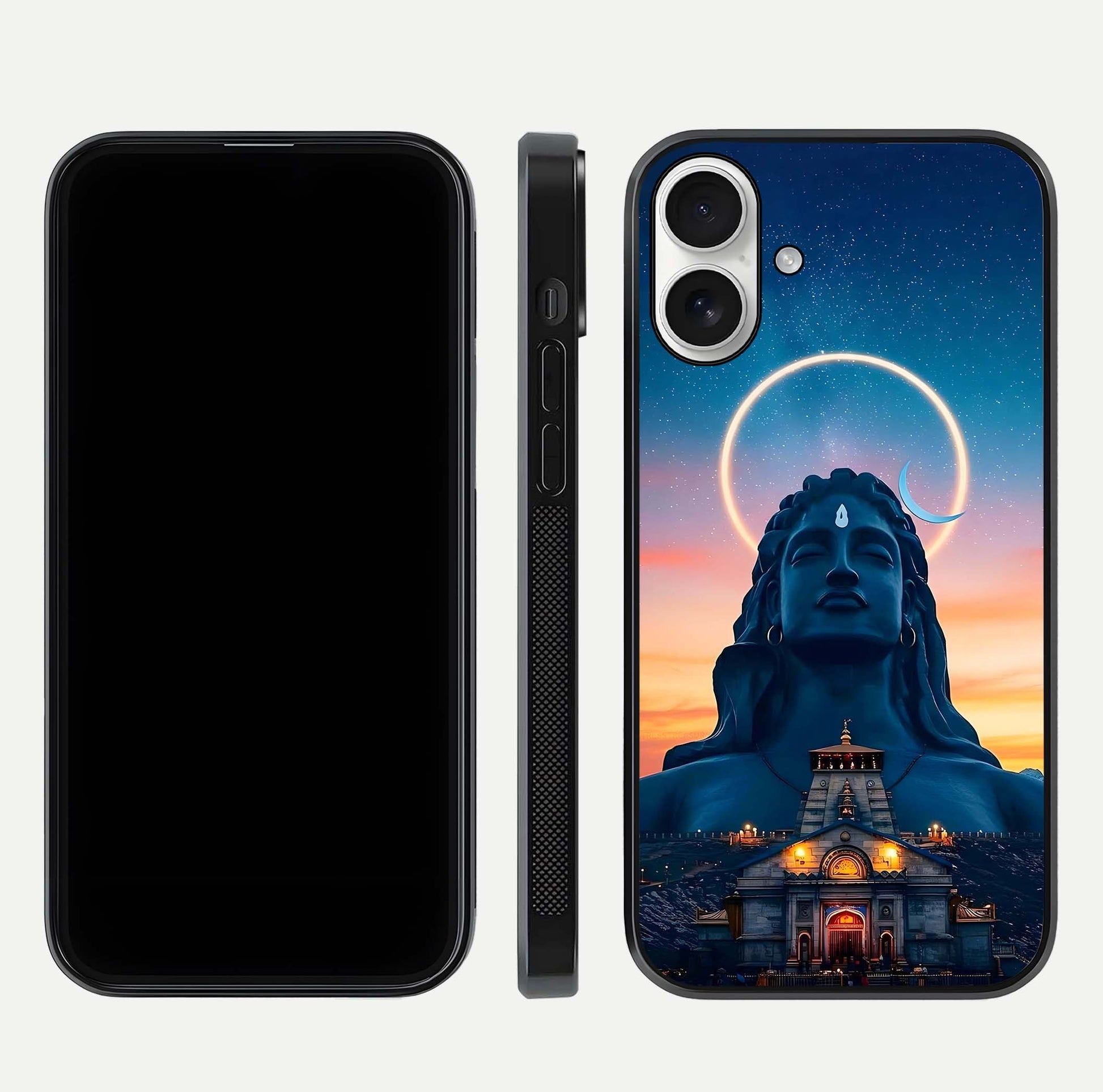 Eternal Shiva Aura Glass Case for iPhone 17 dual-view layout displaying HD deity print and smooth edge