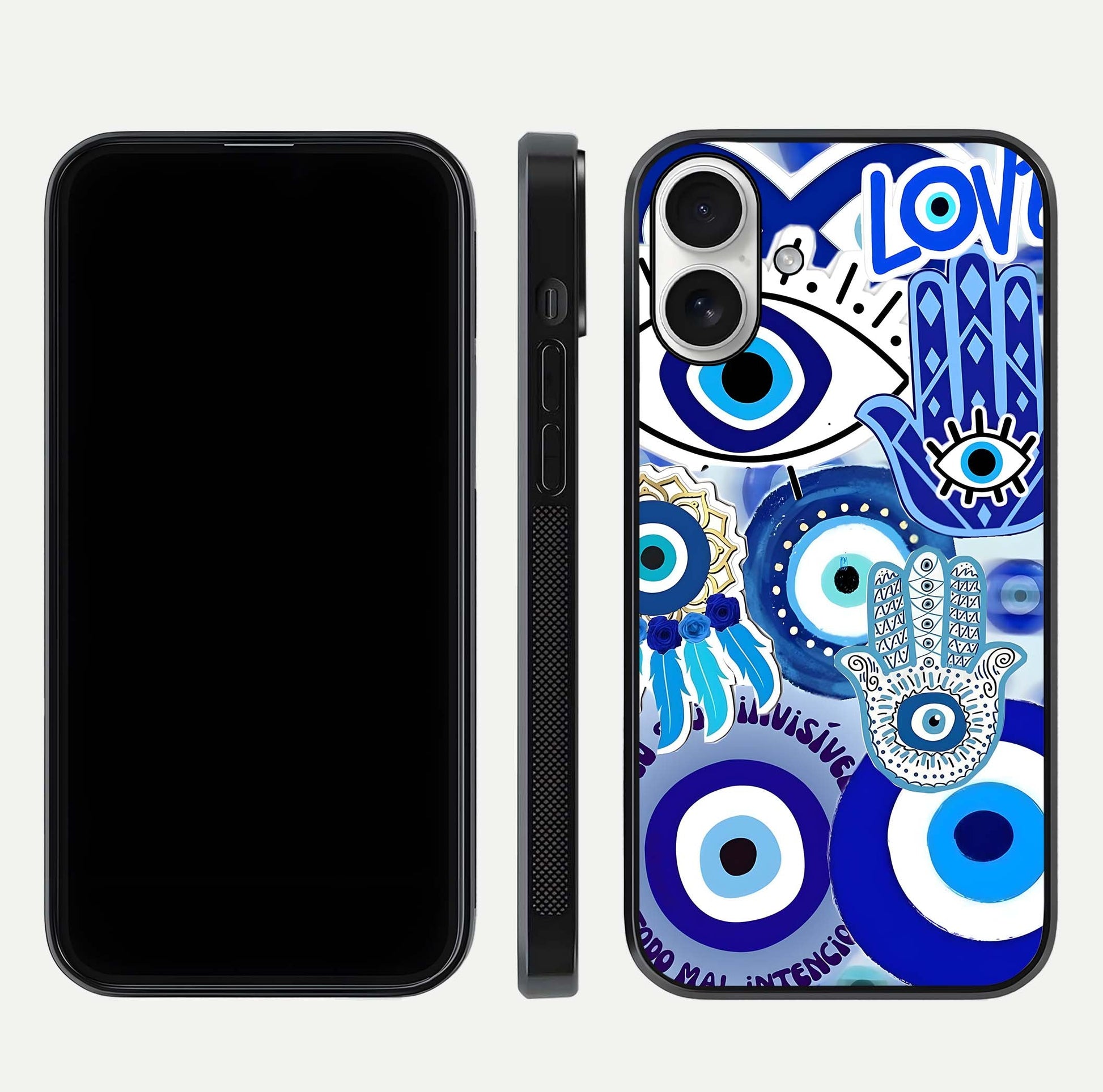 Evil Eyes Dream Glass Case for iPhone 17 dual-view layout displaying spiritual motif and polished curved edge
