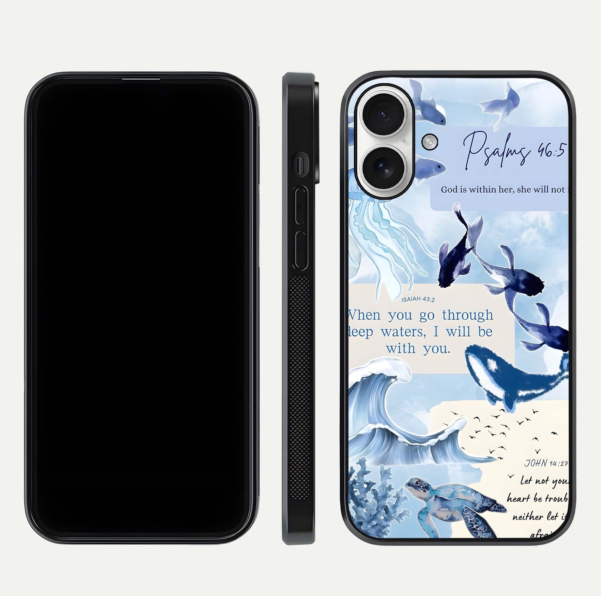 Faithful Ocean Promise Glass Case for iPhone 17 dual-view layout showing sea horizon art and curved polish
